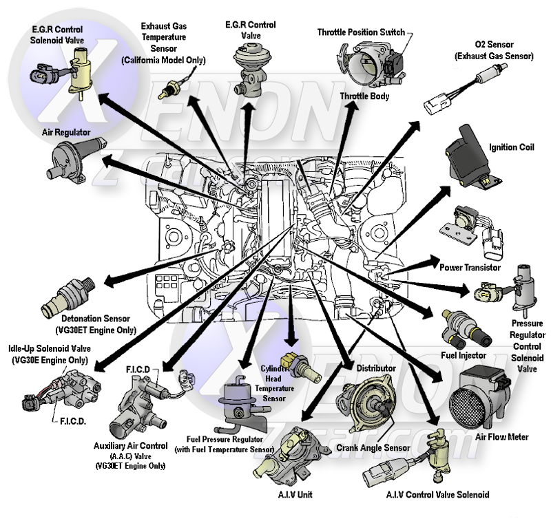 Diagram of Z31 engine bay with sensor locations highlighted